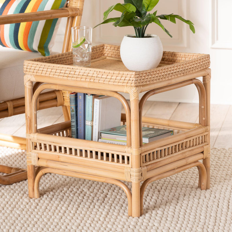 Natural Rattan Bohemian Square End Table with Shelf