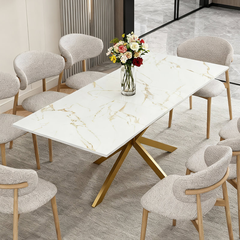 63"-78.7" Extendable Dining Table, Faux Marble Top, 6-10 Seat Space-Saving Kitchen Table, Gold, Gold, White/Gold