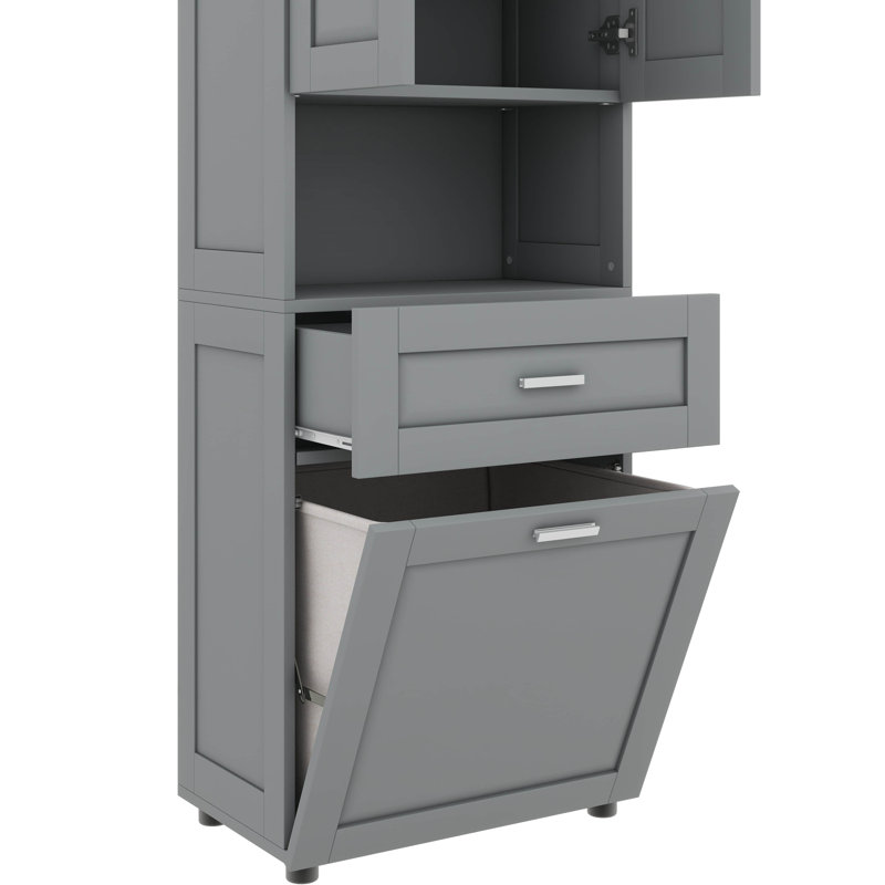 High Bathroom Cabinet With Laundry Hamper Doors And Open Storage Upper Cabinet For Bathroom, Gray