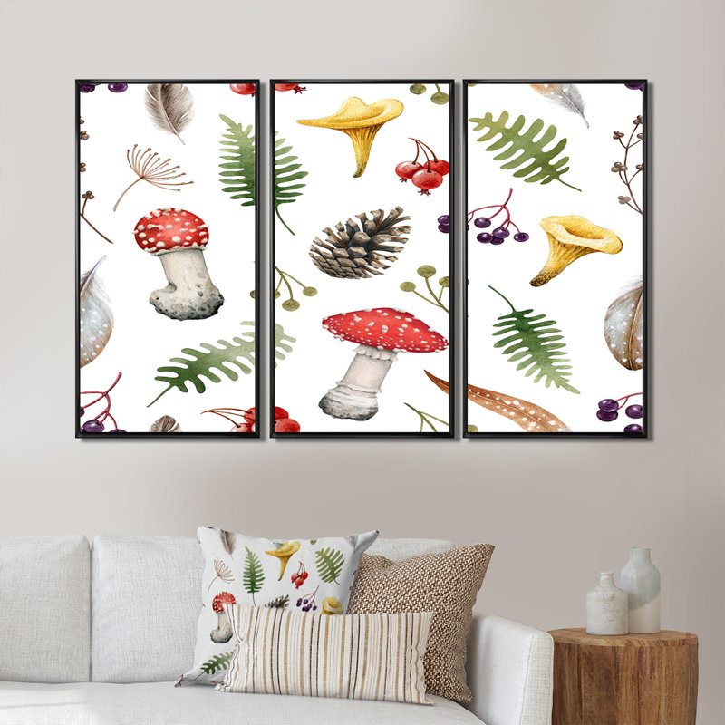 Forêt sauvage, herbes et champignons - ensemble de 3 reproductions d'art encadrées sur toile, L 48 po x H 32 po x P 1 po