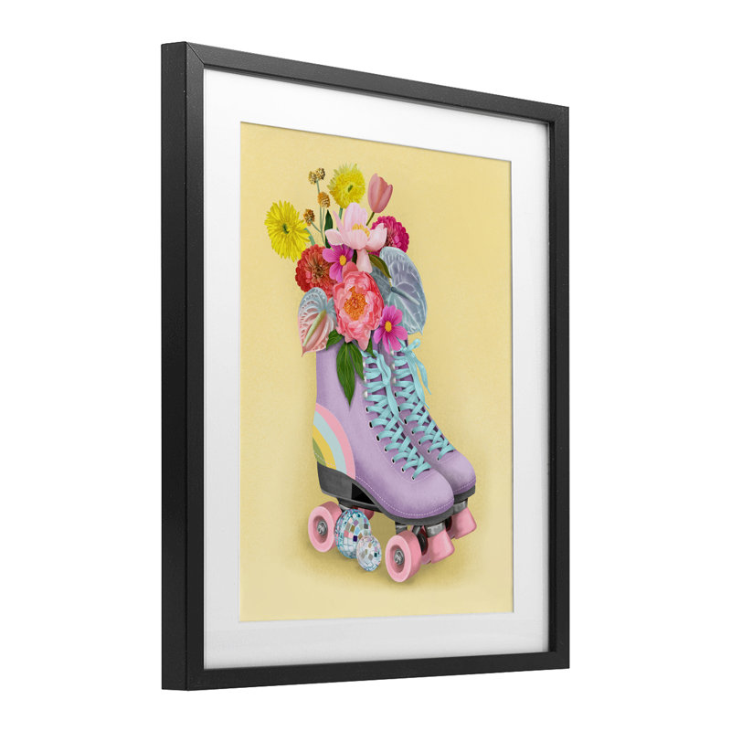 Disco Roller Skate Flowers, reproduction encadrée sous verre, conception de Jilly Jack Designs, Cadre noir minuit