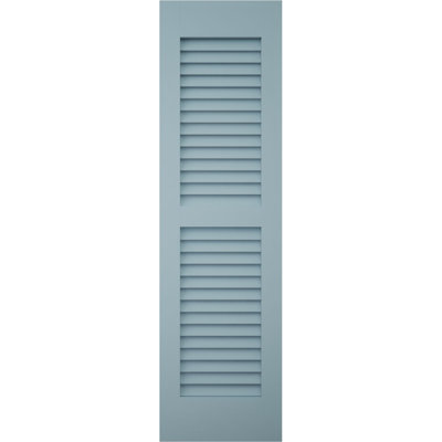 12"W x 84"H Americraft Two Equal Louver Exterior Real Wood Shutters (Per Pair), w/ Aluminum Shutter Caps, Peaceful Blue