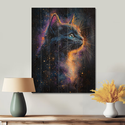 Celestial Cat Portrait II - Cat Wood Wall Decor - On Natural Pine Wood