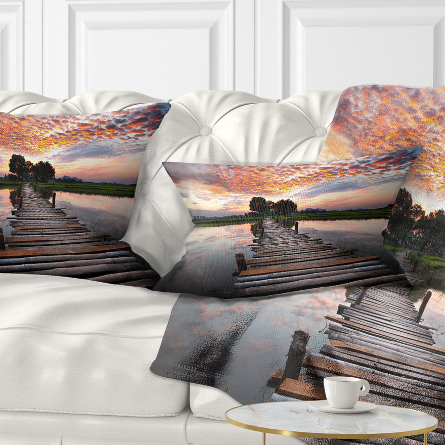 Dramatic Pillows Design Art Seashore Wooden Bridge Under Dramatic Sky Lumbar Pillow ...