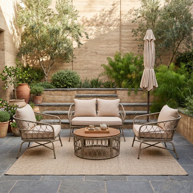 Boho 4-Piece Outdoor Seating Set with Oval Acacia Wood Table & Removable Cushions