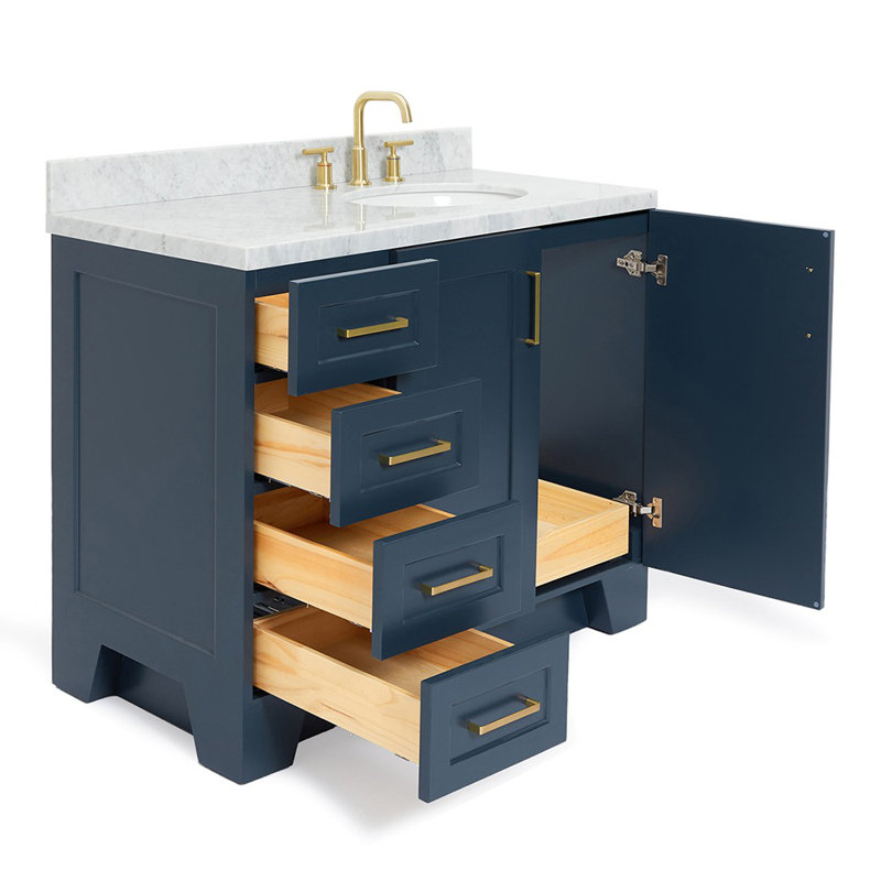 Meuble-lavabo simple en bois massif 43 po avec comptoir en marbre de Carrare de 1,5 po Freitas de Freitas, évier ovale à droite