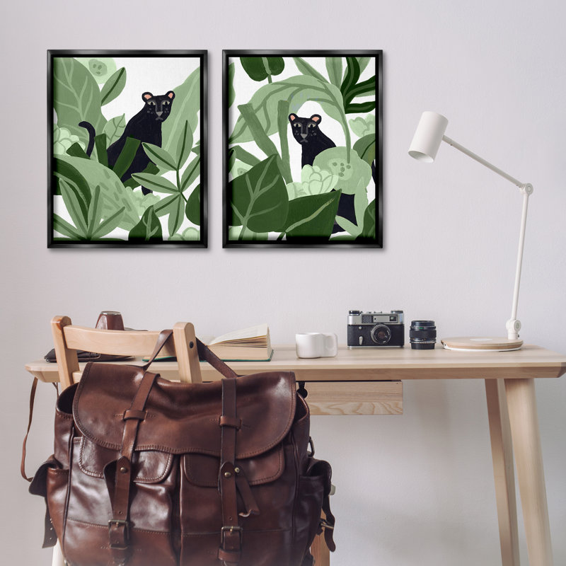  Ensemble de 2 toiles flottantes Panthers Parmi Tropiques par June Erica Vess, H 31 po x l 25 po, Cadre flottant noir de jais