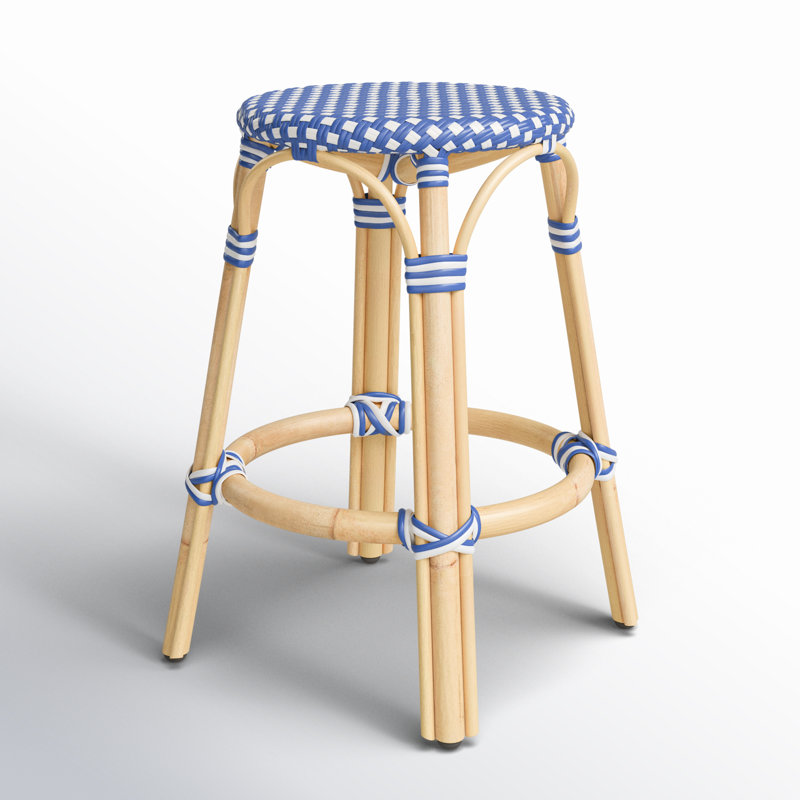 Tobias Rattan Bar Stool & Counter Stool, Blue/White Dot/Natural Rattan Frame, Counter Stool (24" Seat Height)