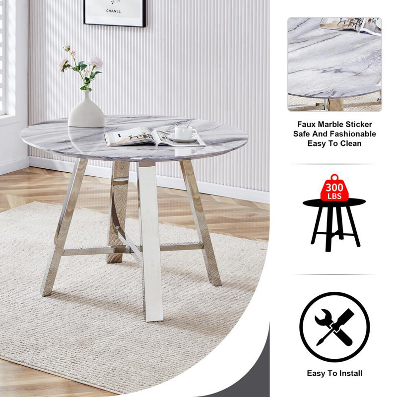 42" Marble Imitation Dining Table Set with Light Gray PU Chairs
