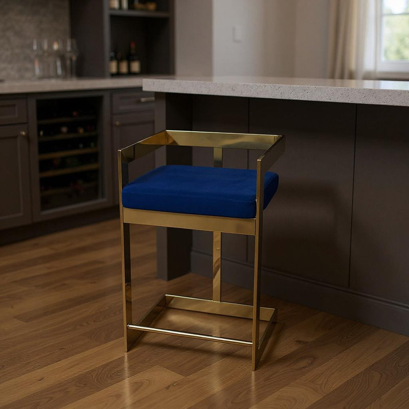 Chaise de bar 30 po en velours bleu et doré