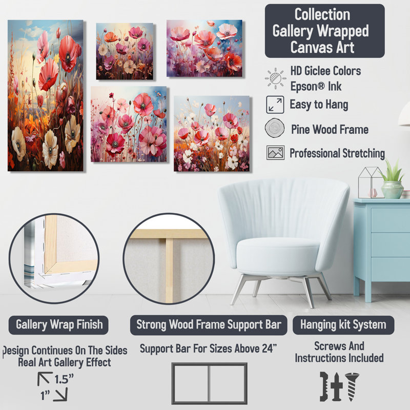 «Pink Crimson Flower Meadow Field V», ensemble de 5 reproductions d'art mural, Toile tendue