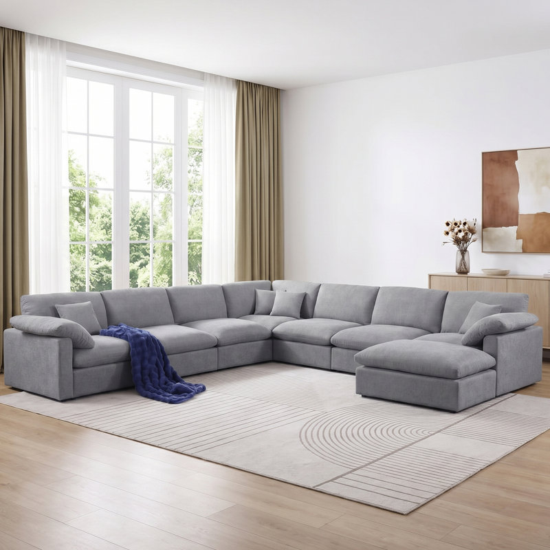Canapé d'angle modulaire 8 pièces de 144 po de largeur, canapé surdimensionné à assise profonde recouvert de chenille avec pouf et coussins amovibles
