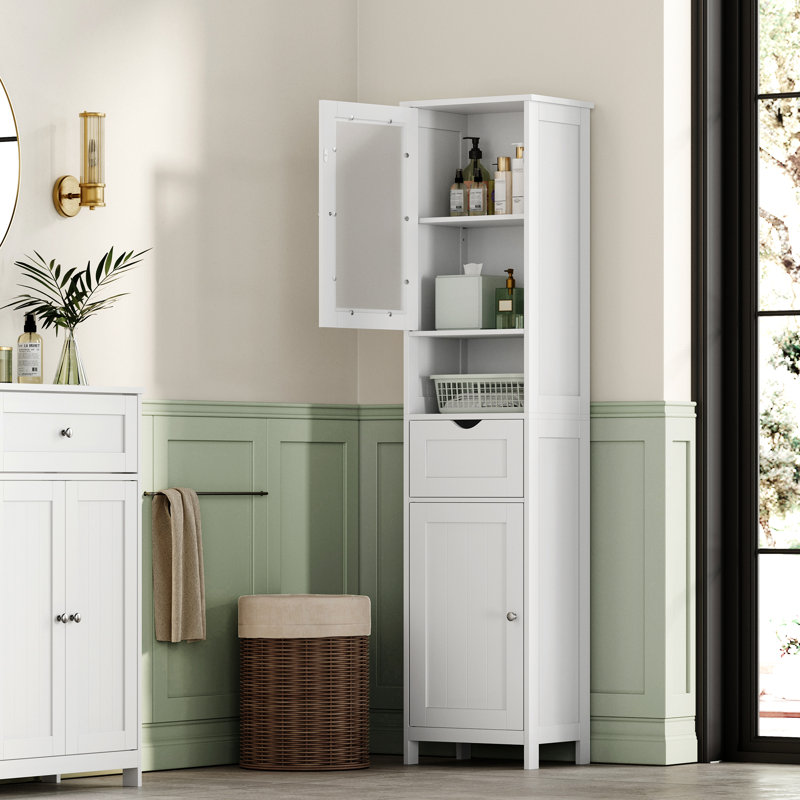 White Freestanding Bathroom Linen Cabinet with Drawer & Adjustable Shelves by Red Barrel Studio White Freestanding Bathroom Linen Cabinet with Drawer & Adjustable Shelves by Red Barrel Studio