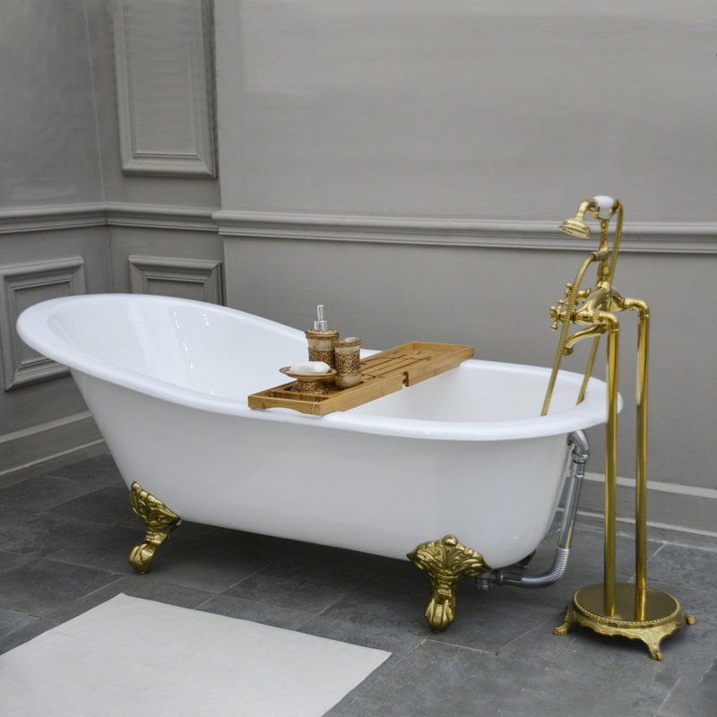 Kingston Brass Aqua Eden 61-Inch Cast Iron Oval Single Slipper Clawfoot Tub (No Faucet Drillings), Polished Brass