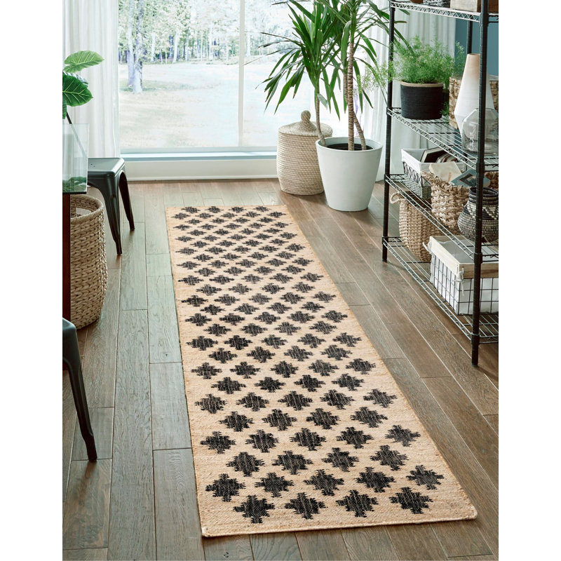  Mehra Kala Handwoven Jute Rug, Beige/Black, Runner 2' x 8'