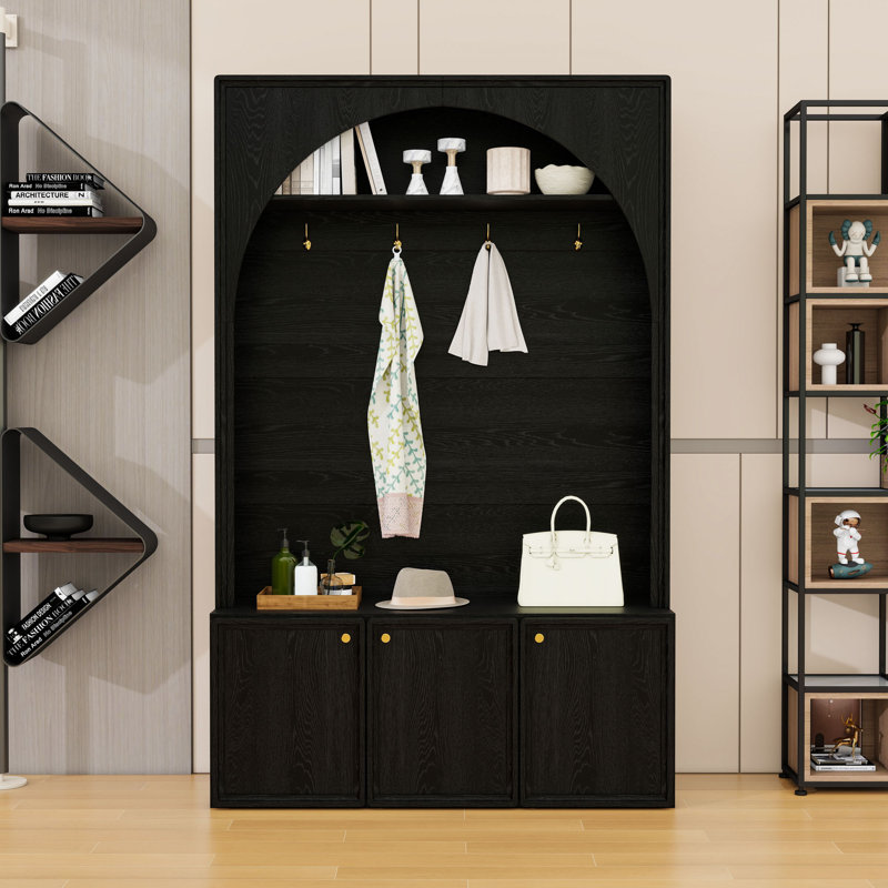 Elegant Hall Tree with Bench, Hooks, Adjustable Shelves and Arched Design, Black