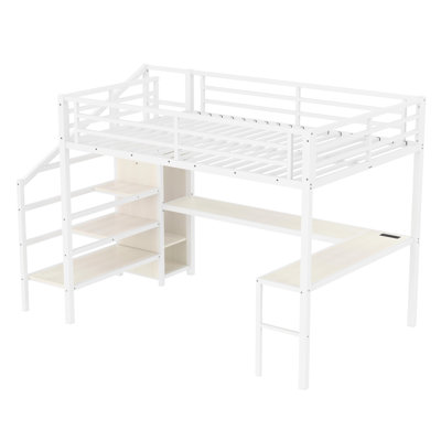 White Wood-Grain Loft Bed With Queen Size, Stairs, , Led And Storage For