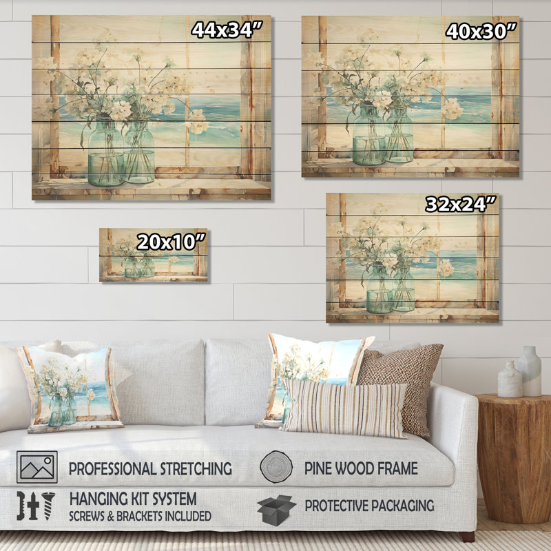 Blue Window Beachfront View Blooms I - Coastal Windows On Wood Print, 34" H x 44" W x 0.78" D