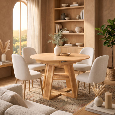 Extendable Round Dining Table for 4 - 6 - Natural Wood-Grain Top with Woven Rattan Accents, Cross Base & Open Shelf