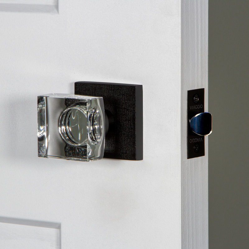 Viaggio Quadrato Linen Texture Rosette Privacy (Bed & Bath) with Quadrato Crystal Knob, 2.375", Satin Nickel, Left
