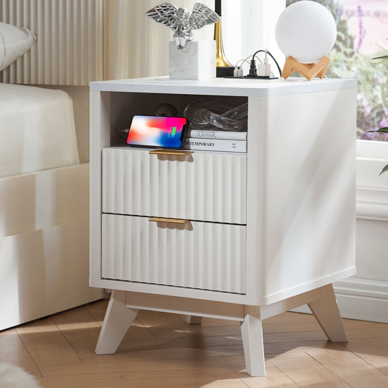 Hardester Vintage 2 - Drawer Nightstand with Charging Station, Bedside Table with Open Shelf, White