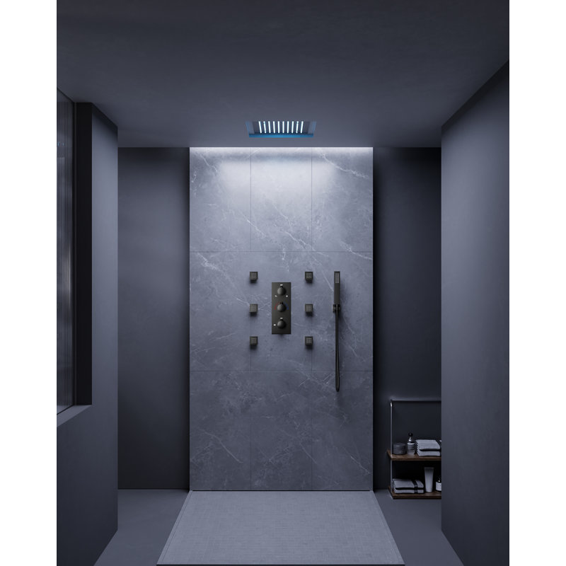 Système de douche thermostatique à pluie, pomme de douche à DEL 12 po avec douchette au plafond, Noir mat