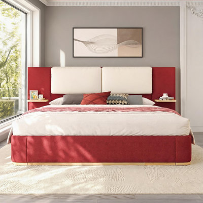 For Bedroom Use Queen Size Upholstered Faux Leather Warm Red Platform Bed with No Box Spring Required