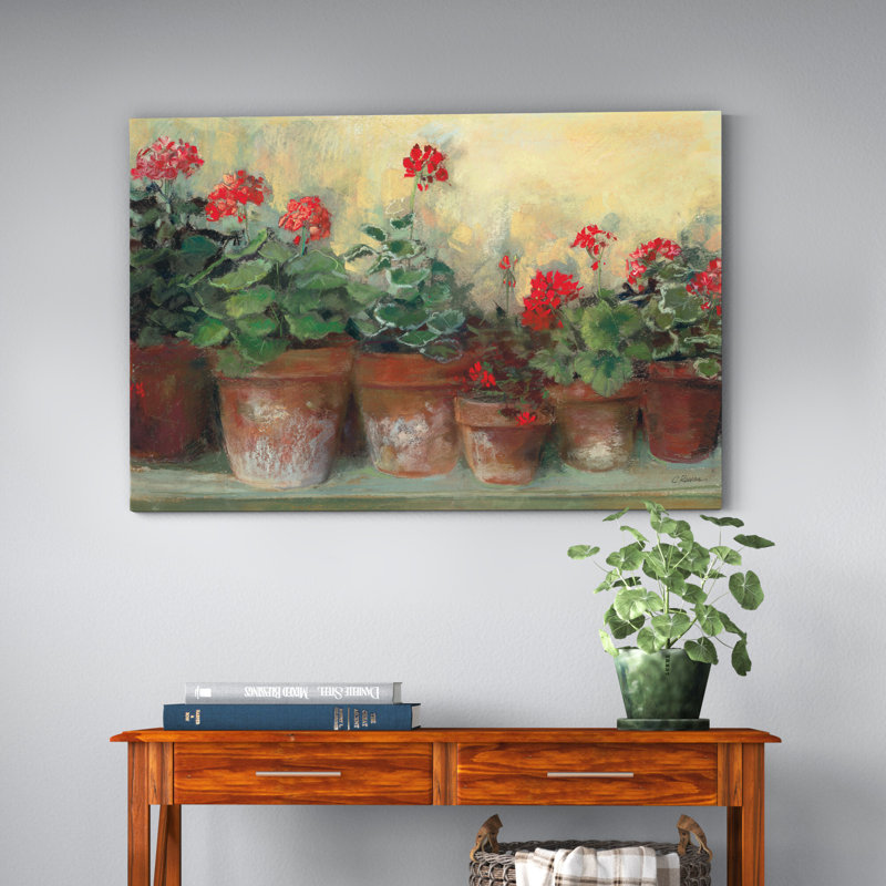 Kathleens Geraniums par Carol Rowan, reproduction d'art sur toile tendue, H 32 po x l 48 po, Toile avec cadre noyer, Non