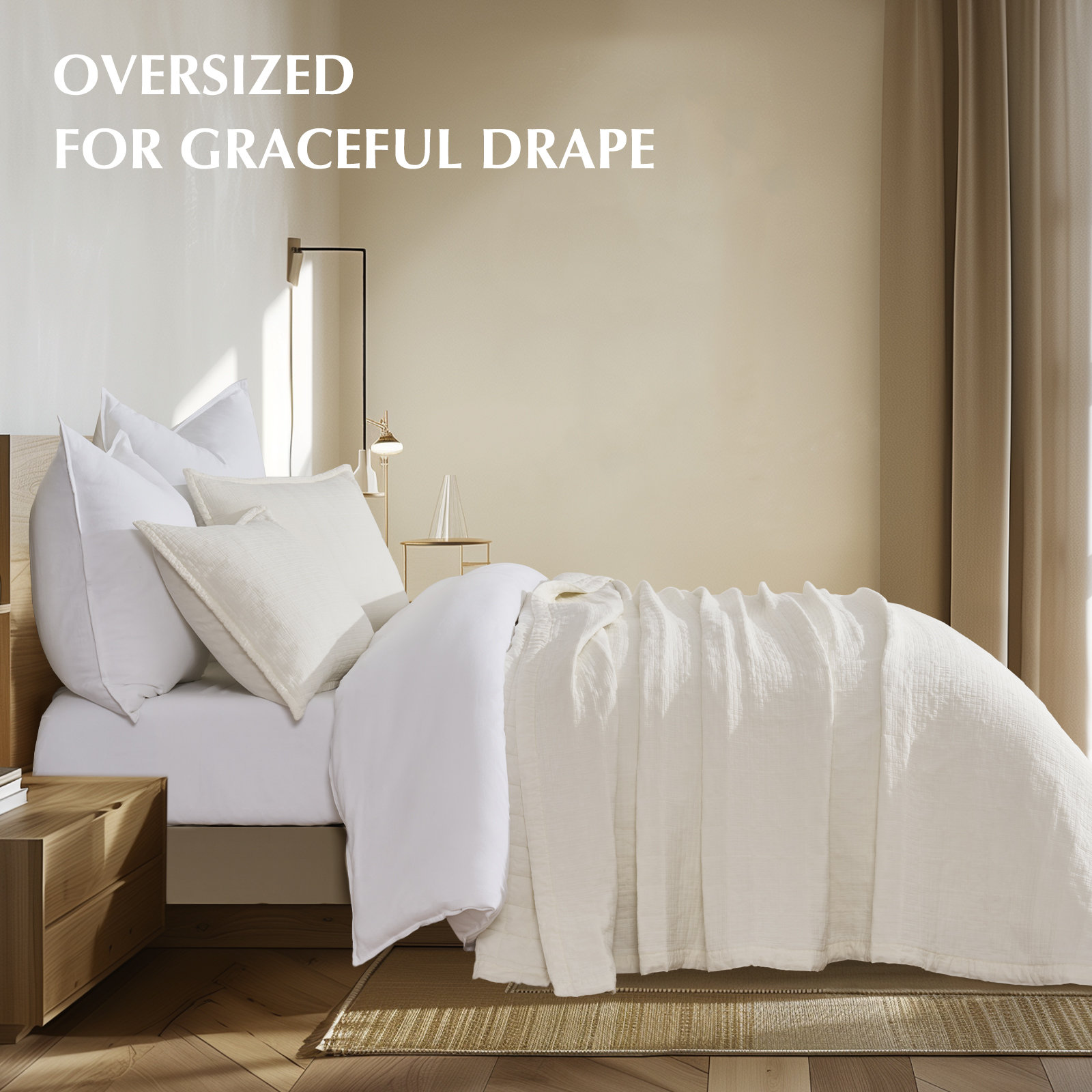 Crinkle Cotton Quilt Set, Ivory White, Queen Quilt + 2 Queen Shams