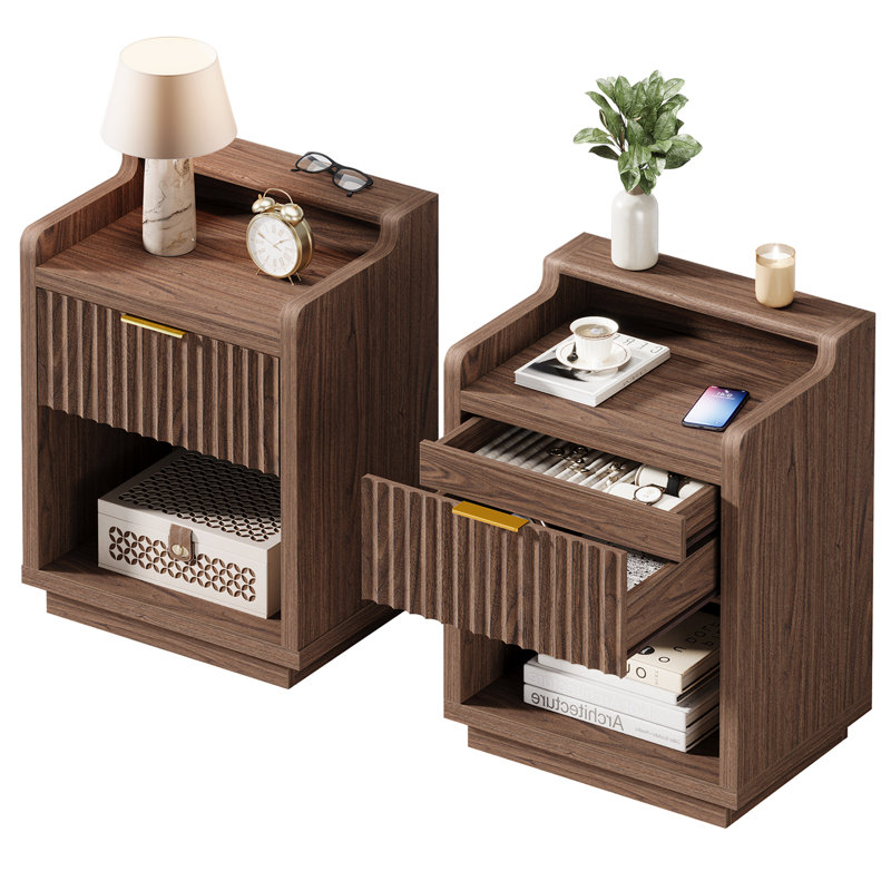 Night Stand With Hidden Compartment, Set Of 2, Bedside Table With Hidden Drawer, Fluted Wood Rustic Modern Storage End Side Table For Bedroom Living Room Sofa Office, Natural Walnut