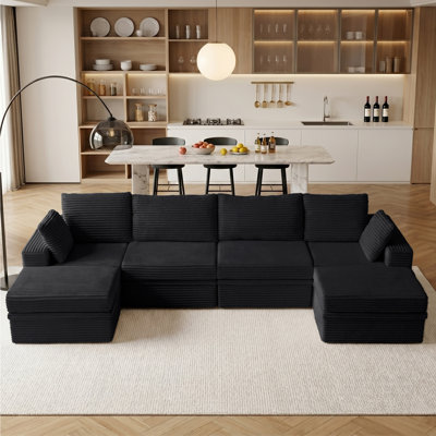 142"W U-Shaped Cloud Modular Sectional Sofa, Minimalist Corduroy Corner Sectional Couch, Extra Deep Seat with 2 Ottomans and Hidden Storage, Easy Mini Assembly, Ideal for Living Room