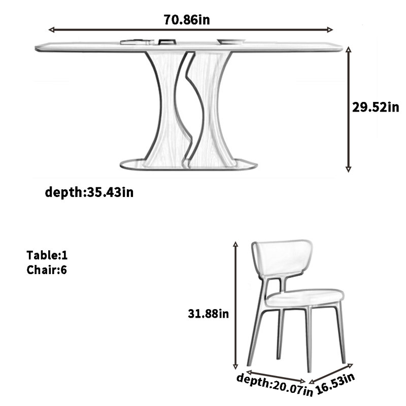 Simple oak dining table and chair combination, 29.52" H x 70.86" L x 35.43" W