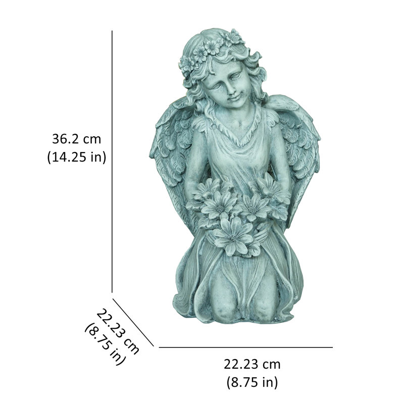 Gray Kneeling Angel Statue with Floral Crown and Bouquet