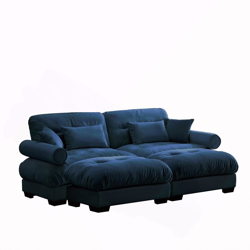 Canapé moderne à 2 places avec 2 repose-pieds et coussins, Bleu
