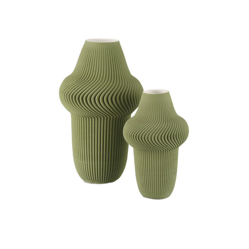 Green Plisse Vase, 14.25" H x 8.5'' W x 8.5'' D