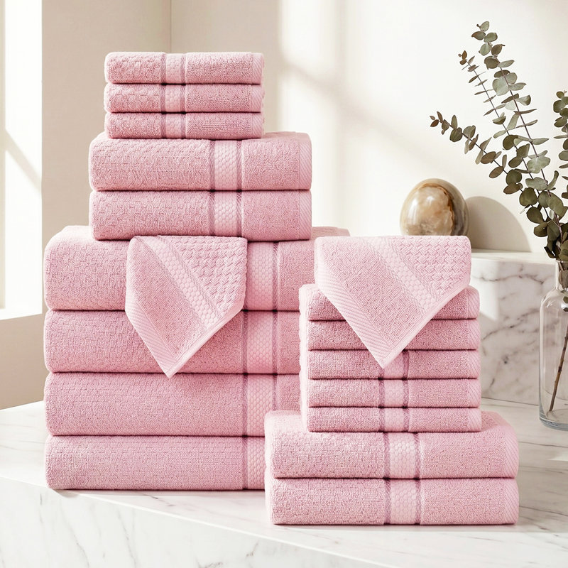 Collection de serviettes 100% coton Obed, Ensemble de serviettes 18 pièces, Rose tendre