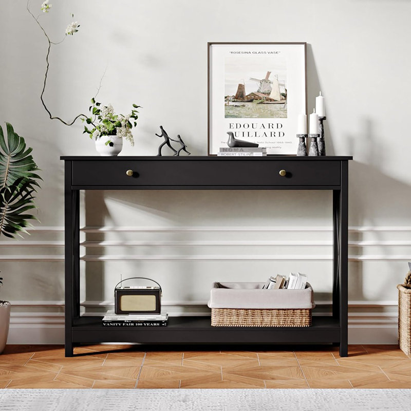Black Console Table With Drawer And Storage Shelves, Foyer Sofa Table Narrow For Entryway, Living Room, Hallway