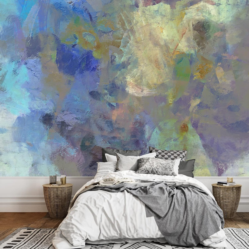 Blue Background with Beige and Violet Blots Self-Adhesive Large Wallpaper, 66" L x 96" W