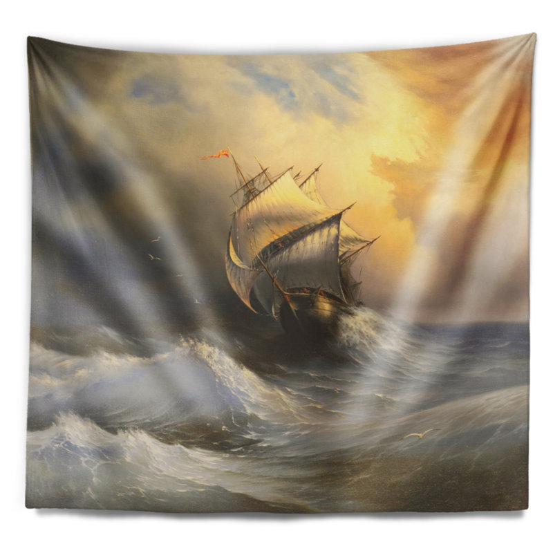 Navire dans la tapisserie de la mer orageuse Seascape, H 50 po x l 60 po