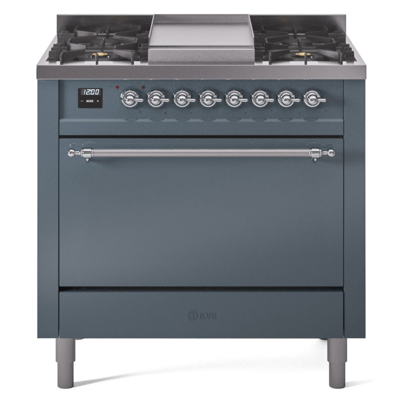 Cuisinière mixte 36 po ILVE Nostalgie II, Gris-bleu / chrome, Gaz naturel