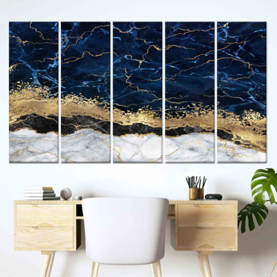 Navy Blue & Gold Marble Print Canvas Artwork - Modern Elegance,5P Wrapped Canvas