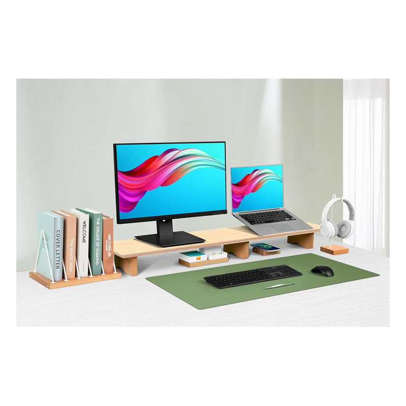 Large Dual Monitor Stand Riser, Solid Wood Desk Shelf With Eco Cork Legs For Laptop Computer/TV/PC/Printers, Perfect Desktop Stands Organizer With Underneath Storage For Office Accessories
