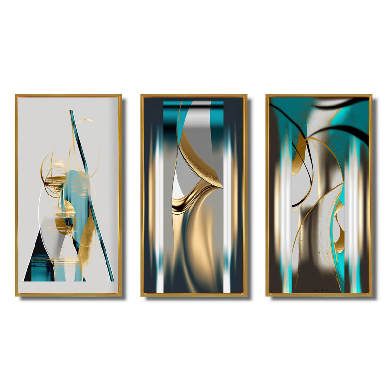 "Pleine lune or et turquoise minimalisme", 3 pièces sur toile, Cadre flottant doré, H 20 po x l 36 po
