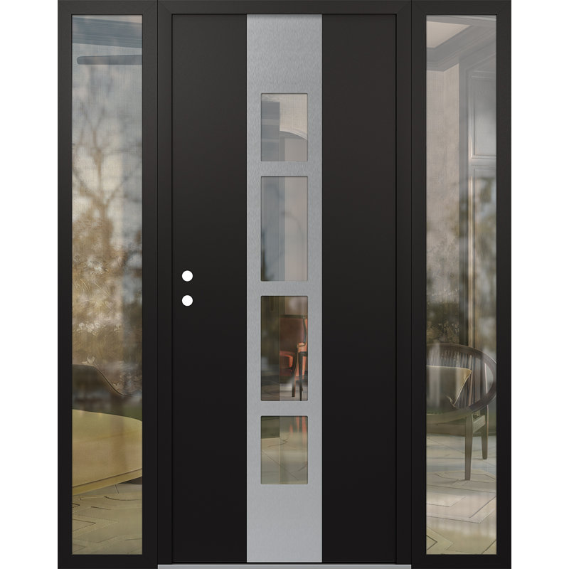 Porte d'entrée pré-suspendue en acier argenté Diamond A10 avec deux panneaux latéraux Diamond, Droite / vers l'intérieur