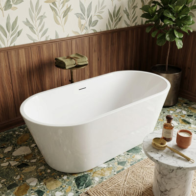 Baignoire autoportante en acrylique blanc brillant de 55 po, baignoire profonde carrée ovale moderne avec trop-plein encastré et bonde centrale pour les petites salles de bain