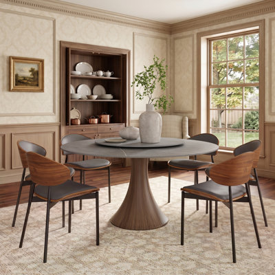 Round Pedestal Swanigan 4/6/8 Seats Dark Walnut & Gray Set With Matte Sintered Stone Lazy Susan