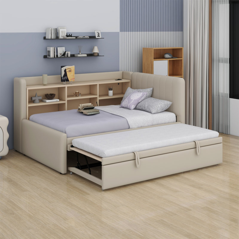 Lit de jour rembourré avec lit gigogne, tablettes de rangement, port USB et prise de courant, Beige