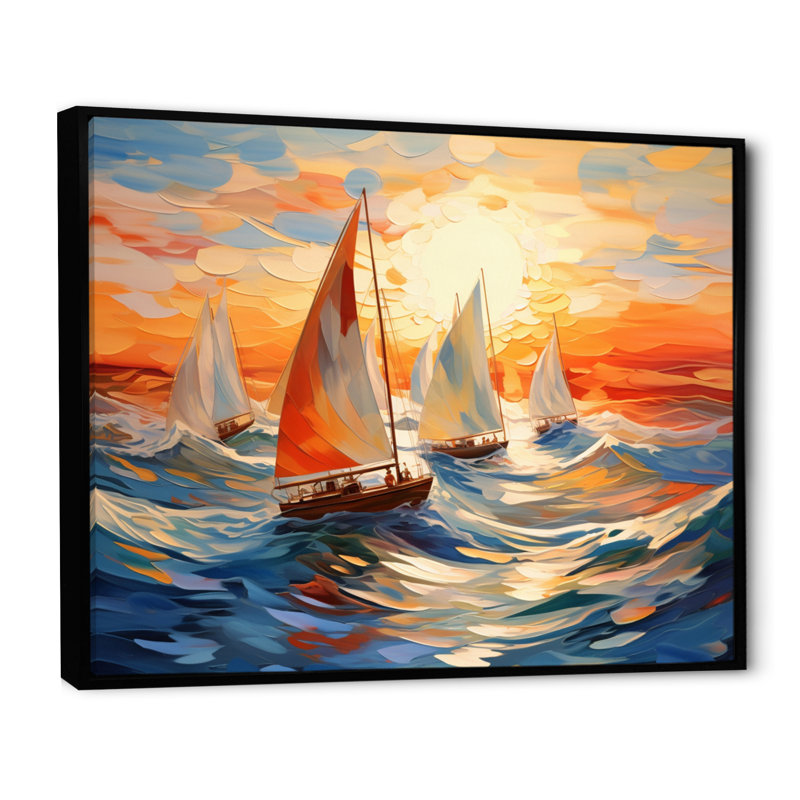 Voilier tourbillonnant, vagues sur toile, Cadre flottant noir, H 34 po x l 44 po x P 1,5 po