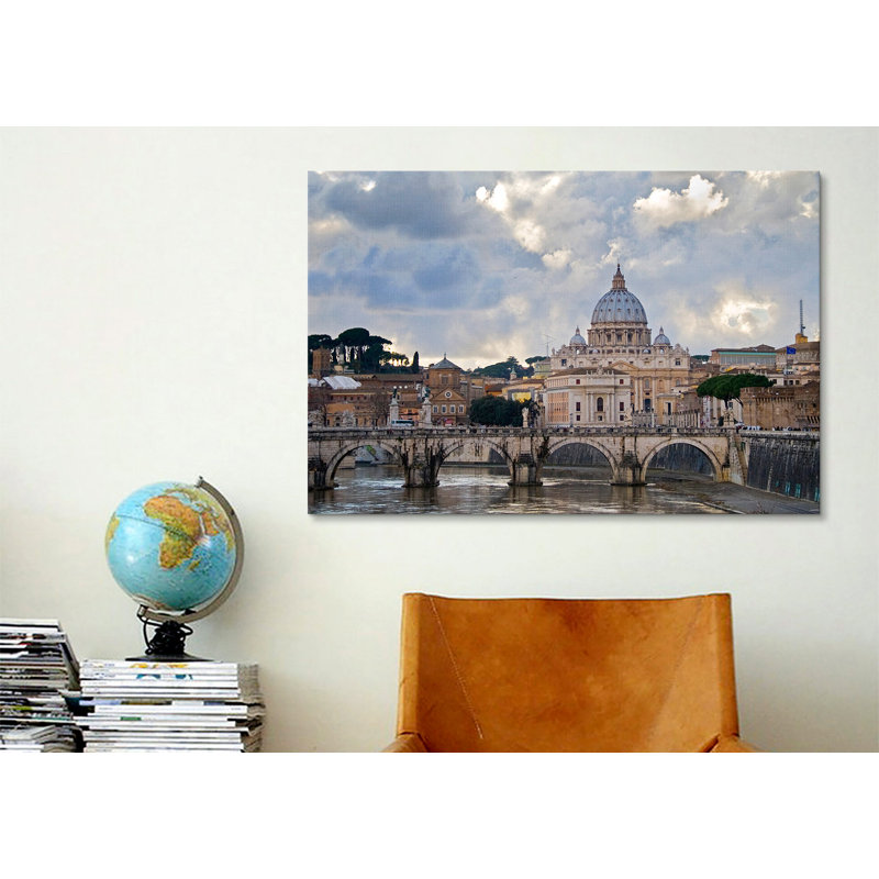 «Panoramic Arch Bridge Across Tiber River», reproduction de photo sur toile, H 12 po x l 18 po x P 1,5 po, Toile tendue