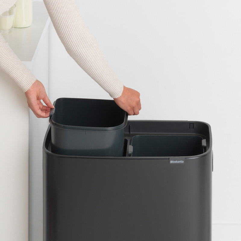 Brabantia Bo Touch Top Dual Compartment Recycling Trash Can, 2 x 8 Gallon (16 Gallon Capacity), Matte Black